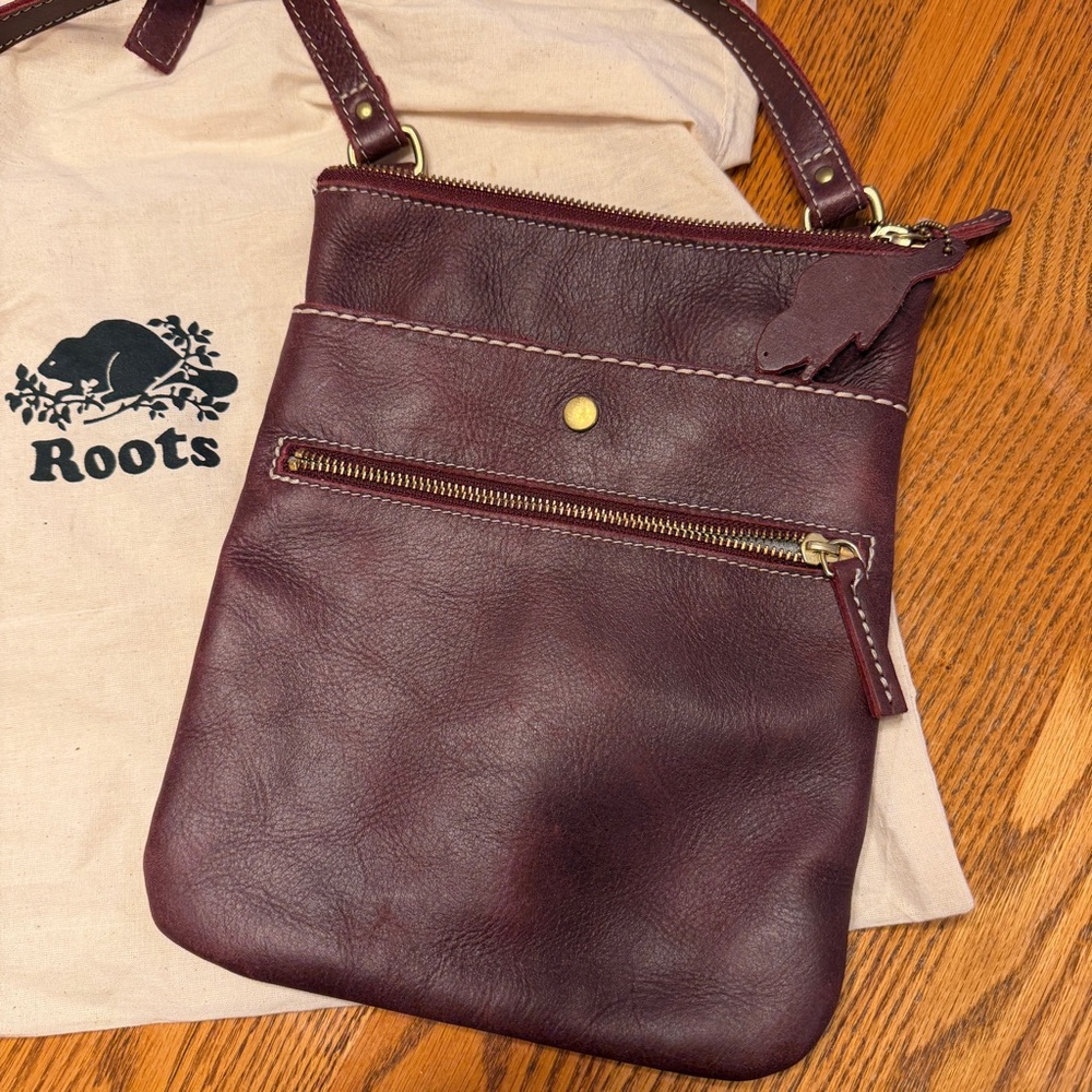 roots burgundy leather crossbody bag